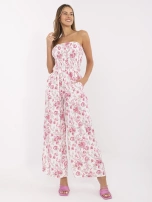 Ecru-pink long jumpsuit with flowers.