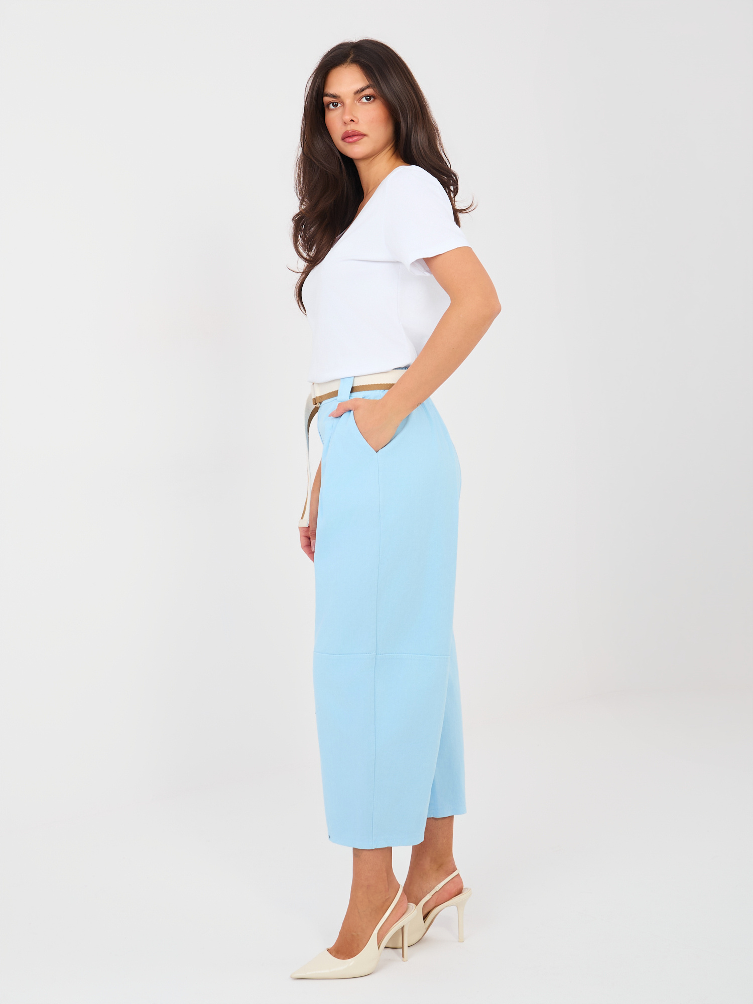 Jasnoniebieskie jeansowe spodnie typu culotte RUE PARIS 
