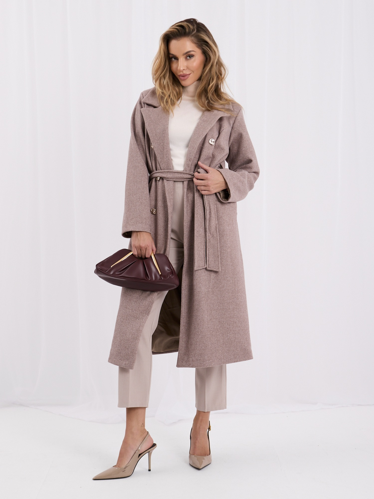 RUE PARIS Dark beige elegant coat with a melange texture.