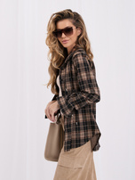 Brown women's plaid shirt with decorative stones.