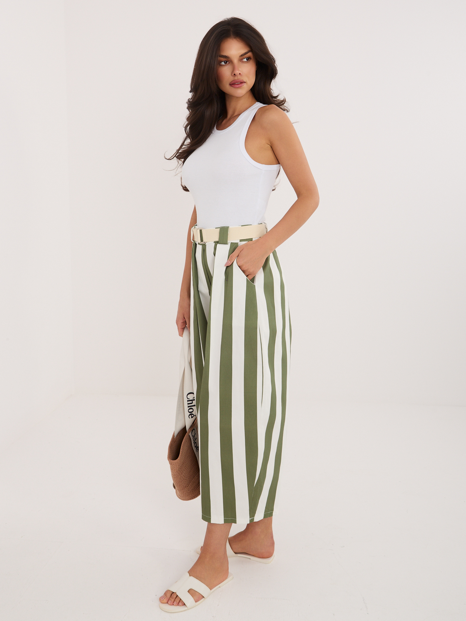 Ecru-khaki damskie kuloty z bawełny