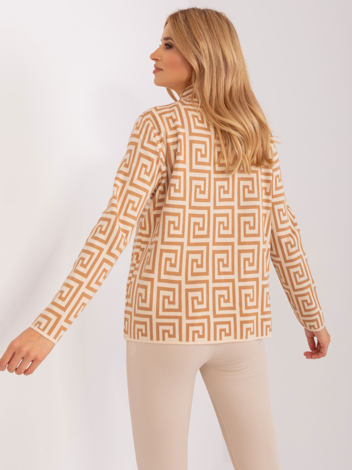 Hurt camel-beige sweater with a mock turtleneck in patterns.