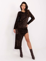 Brązowa maxi sukienka wieczorowa z cekinami