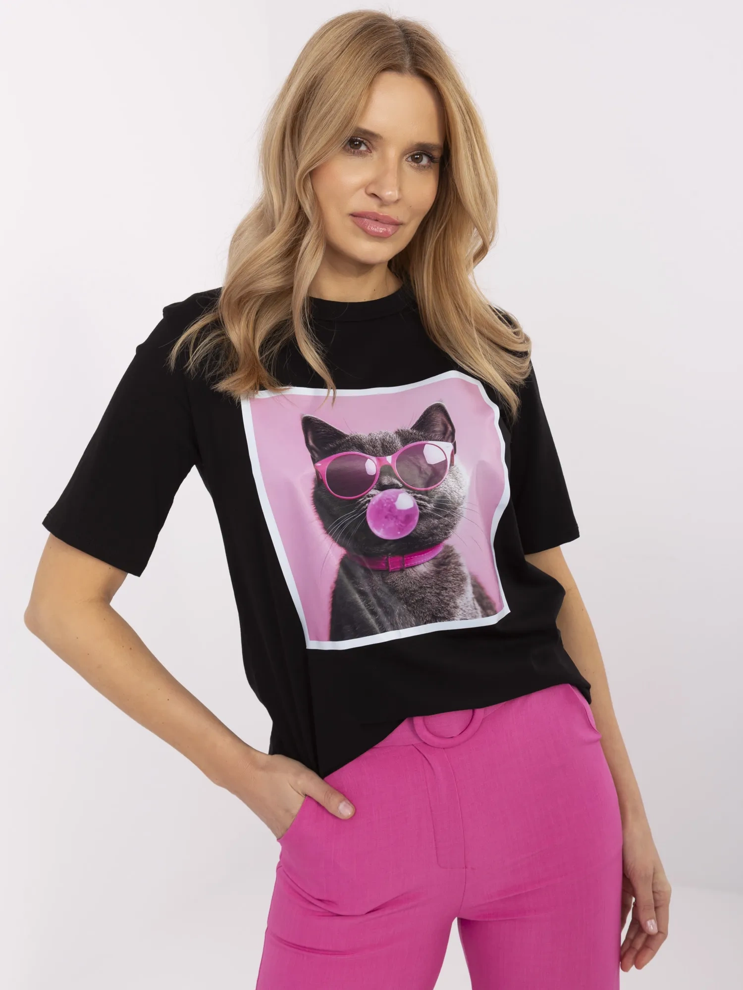 Black women's t-shirt with a cat print.