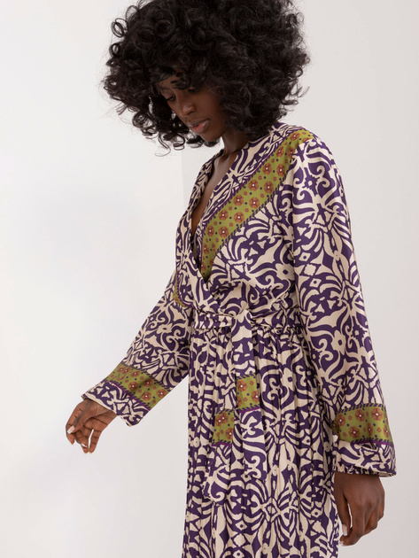 Hurt Fioletowo-beżowa sukienka z bufiastym rękawem