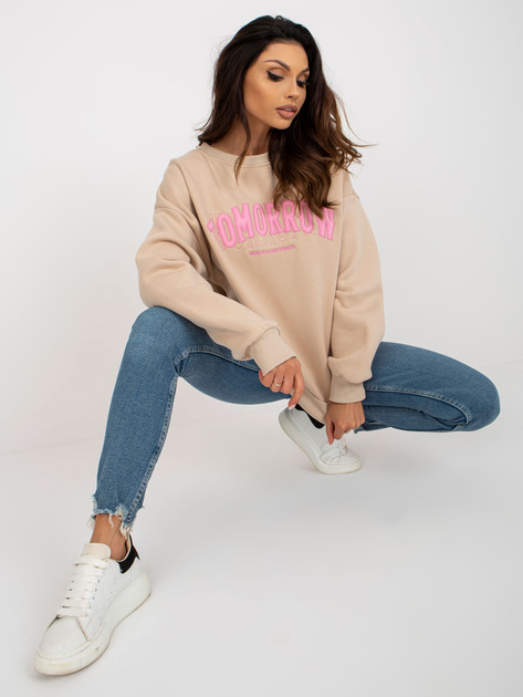 Hurt Beżowa dresowa bluza bez kaptura o kroju oversize