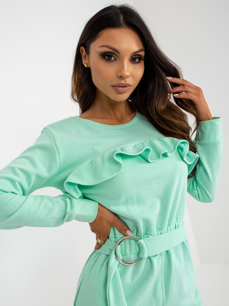 Hurt Miętowa mini sukienka dresowa z kieszeniami i paskiem