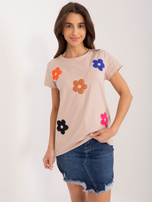 Hurt Ciemnobeżowy t-shirt z aplikacją w kwiaty BASIC FEEL GOOD