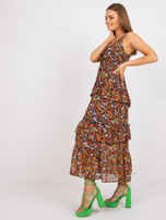 Dunkelblares Maxikleid mit Blumen und Trägern.