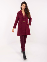 Bordowy damski płaszcz z efektem włochatości