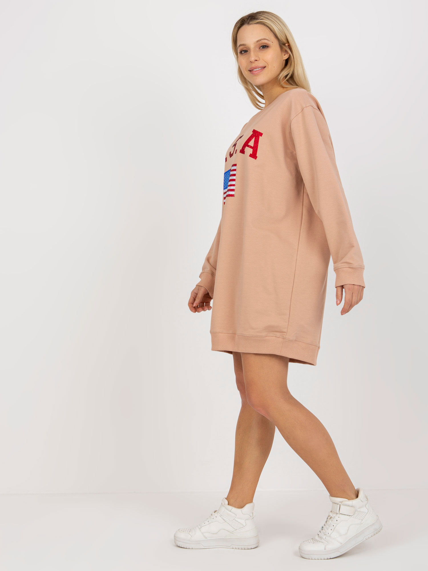 Beżowa długa bluza z nadrukiem