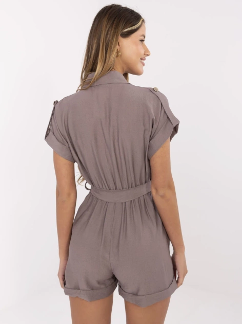 Ciemnobeżowy damski kombinezon z kołnierzykiem