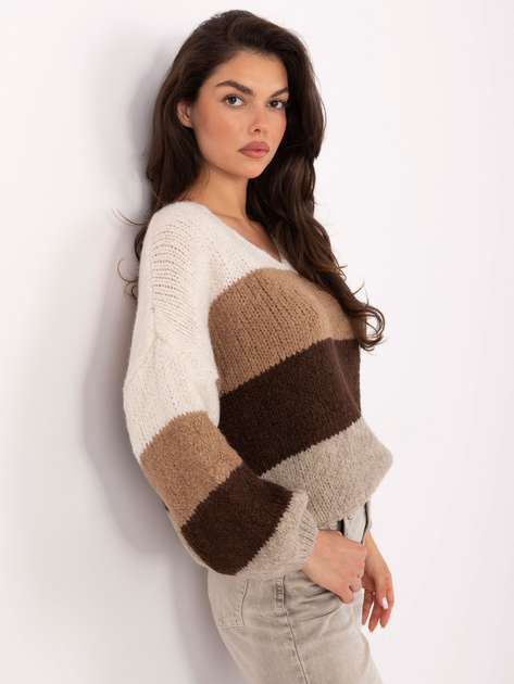 Ecru-brązowy damski sweter oversize RUE PARIS