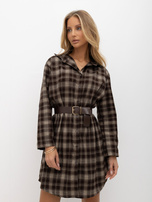 Brown checkered shirt dress with a belt.