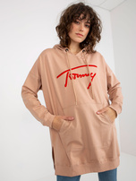 Hurt Beżowa długa bluza kangurka z kapturem i napisem 