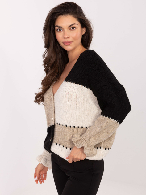Ecru-czarny rozpinany sweter z wełną RUE PARIS