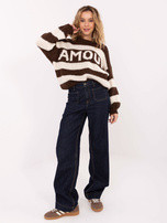 Brązowo-ecru sweter oversize z okrągłym dekoltem