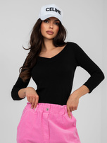 Czarna dopasowana bluzka basic z dekoltem V RUE PARIS 