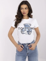 Ecru-niebieski damski t-shirt z aplikacją