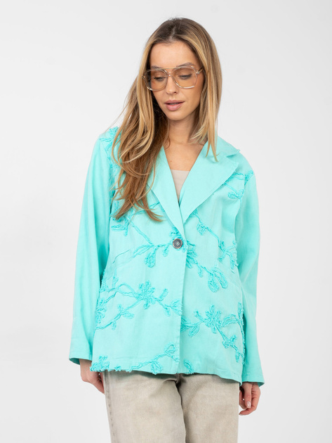 Turkusowa jeansowa marynarka z zapięciem na guzik RUE PARIS