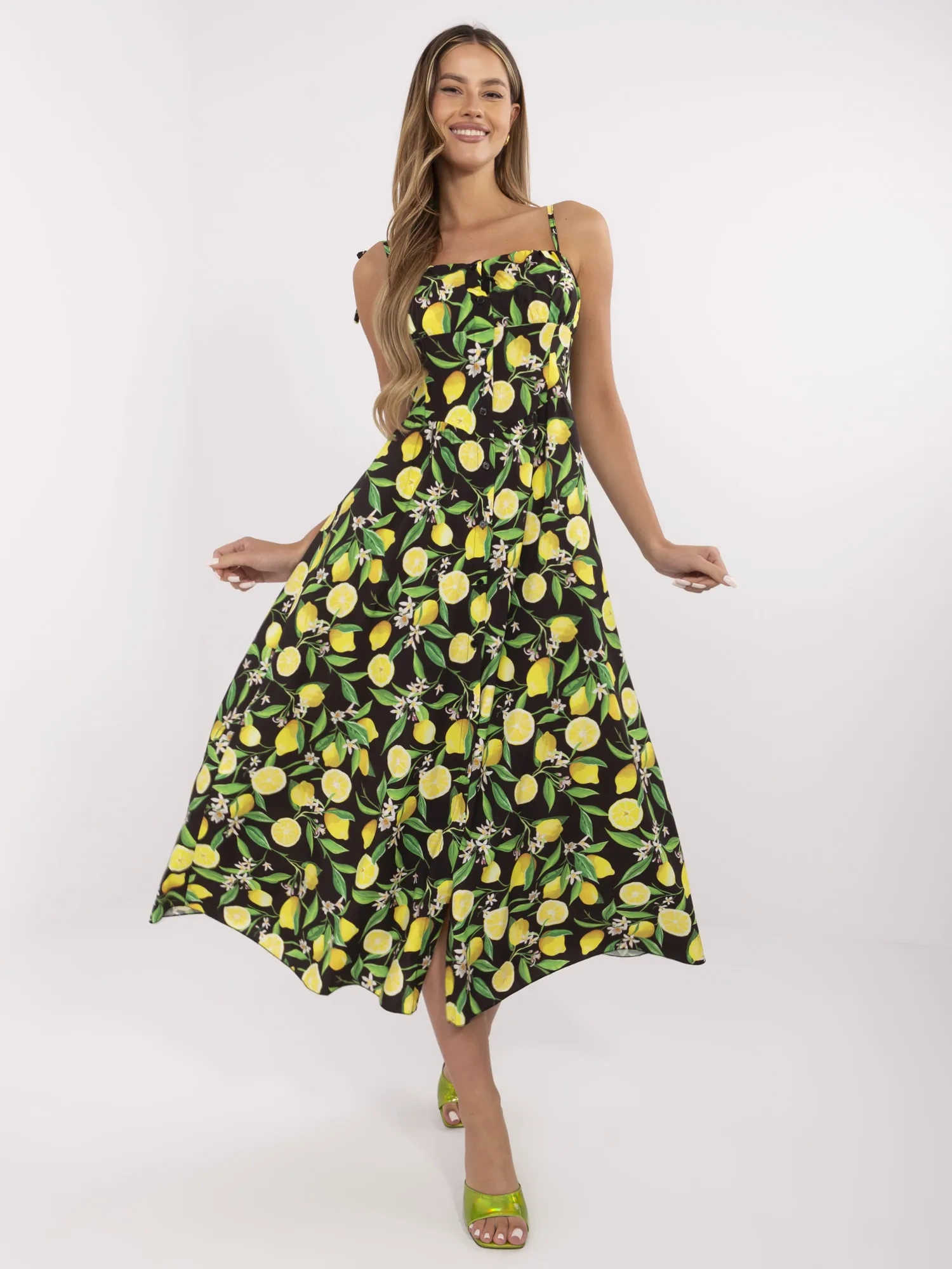 Black-yellow dress with padded cups.