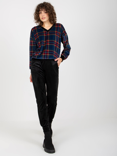 Hurt Ciemnoniebieski komplet welurowy z bluzą w kratę RUE PARIS