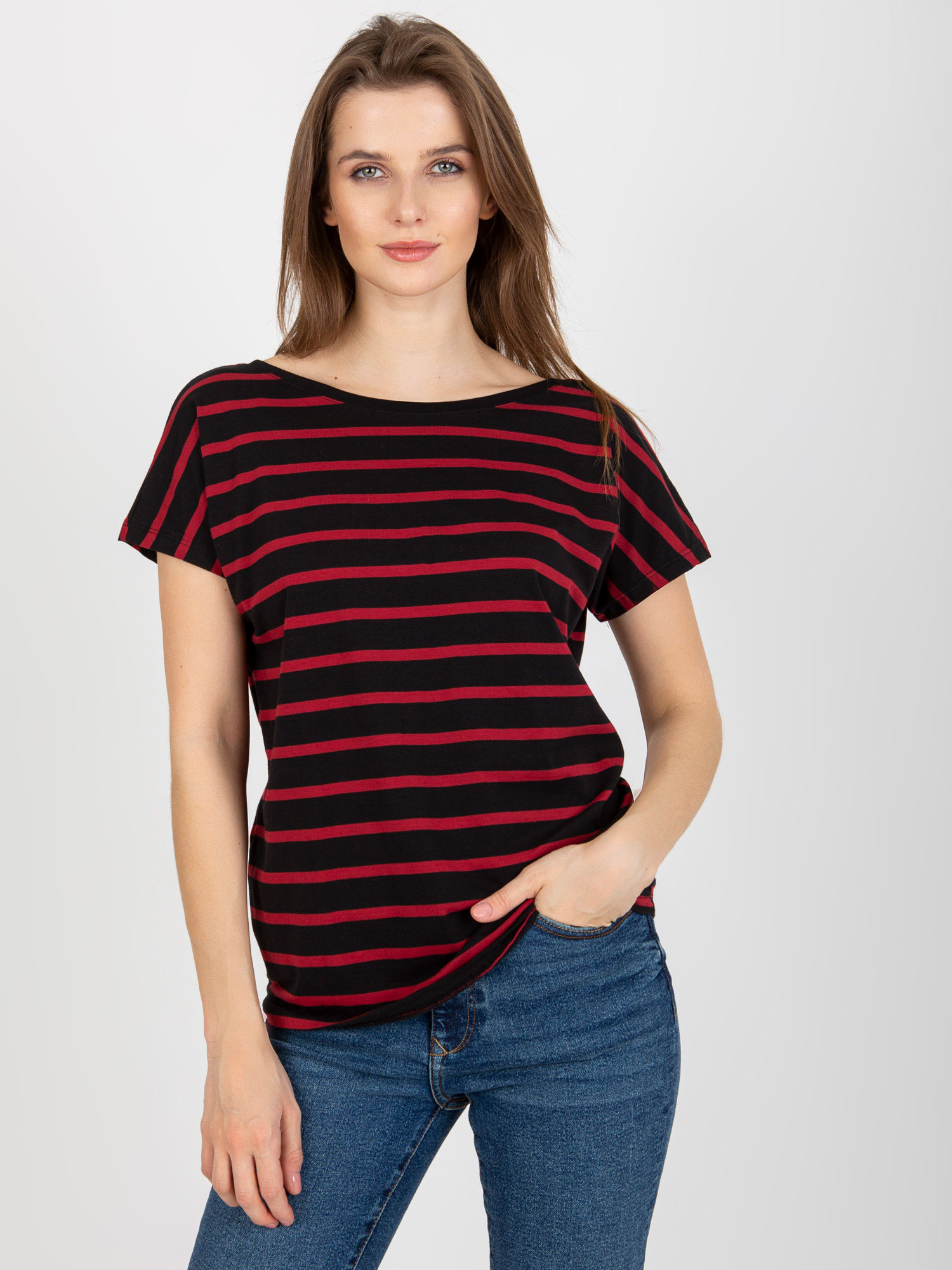 Schwarze-rote Damen T-Shirt mit Streifen BASIC FEEL GOOD.