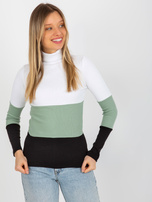 Hurt Ecru-pistacjowa damska prążkowana bluzka basic z golfem