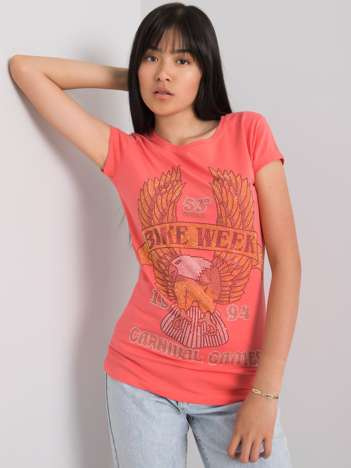 Koralowy t-shirt z aplikacją Haley