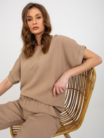 Hurt Ciemnobeżowy damski komplet letni z lnem RUE PARIS