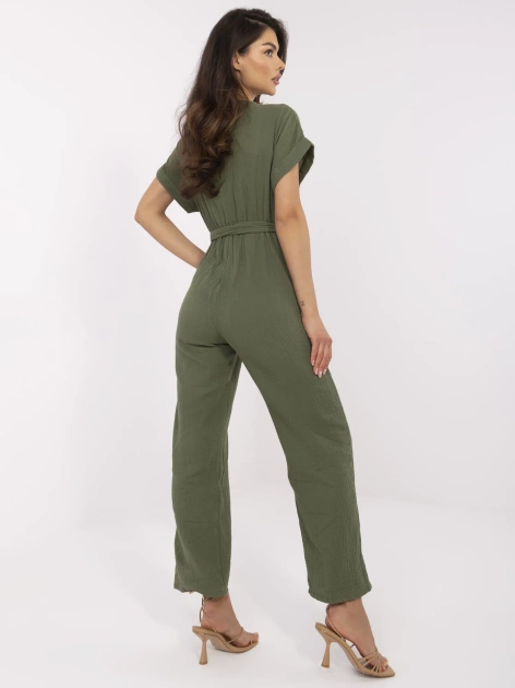 Khaki muślinowy kombinezon z krótkim rękawem