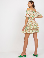 Żółto-bordowy dwuczęściowy komplet letni z mini spódnicą 