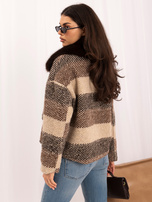 Brown women's boucle coat with a fur collar.
