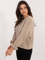 Hurt Beżowy sweter oversize z falbankami przy rękawach