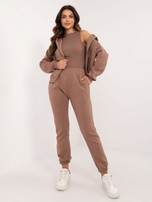 Hurt Brązowy dresowy komplet z topem w prążek