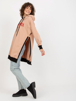 Hurt Beżowa długa bluza oversize z kapturem i napisem 