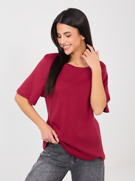 Bordowy t-shirt basic z bawełny RUE PARIS 