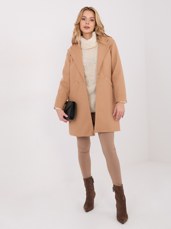 Camelowy elegancki płaszcz z kieszeniami 