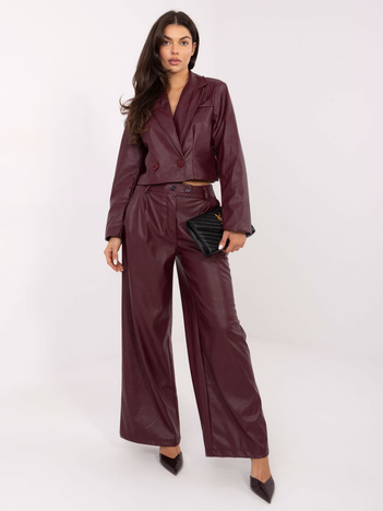 Burgundowe spodnie z ekoskóry z zakładkami RUE PARIS 