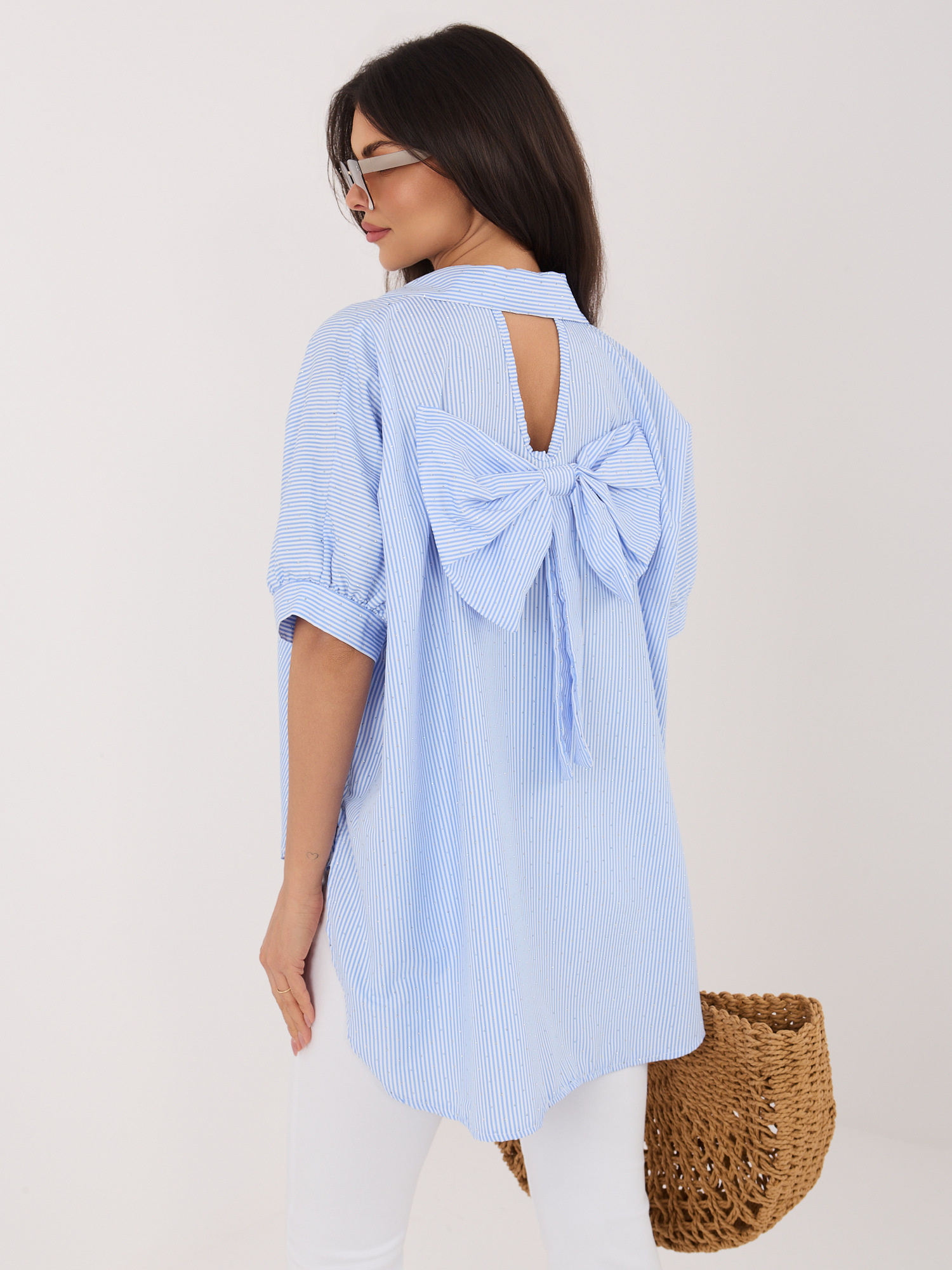 Biało-niebieska rozpinana koszula z aplikacjami RUE PARIS 