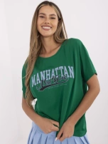 Zielony bawełniany t-shirt z napisem Manhattan 