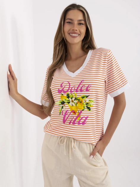 Pomarańczowo-biała letnia bluzka z dekoltem V