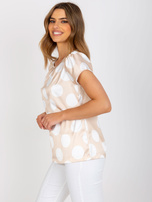 Beżowo-biała bluzka w grochy z imitacji satyny RUE PARIS 