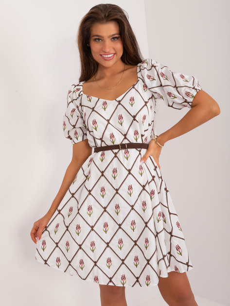 Hurt Biało-brązowa haftowana sukienka z paskiem