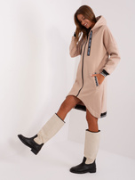 Beige lange Zip-Jacke mit Taschen.