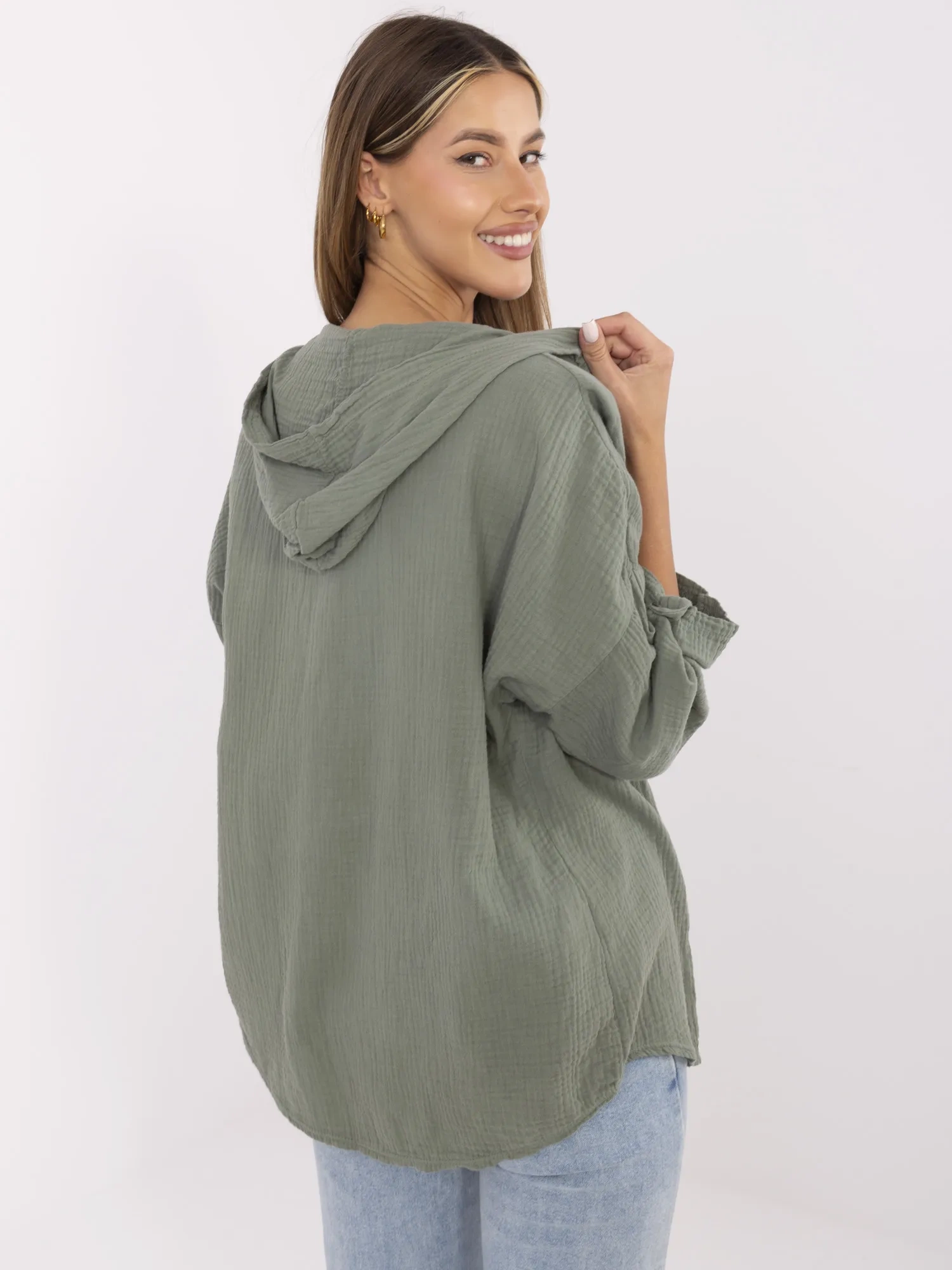 Khaki muslin shirt with a hood.