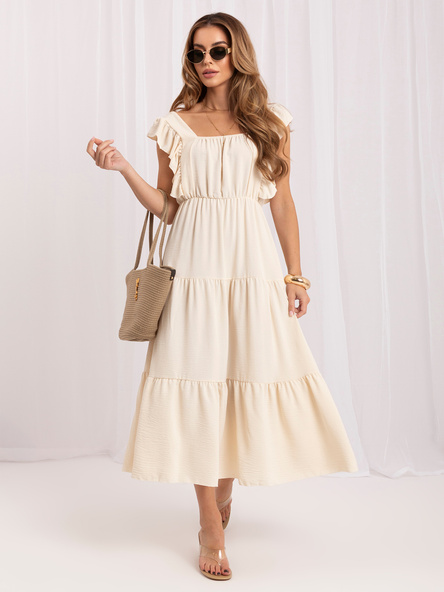 Hurt light beige flared dress with ruffle.