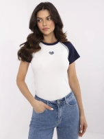 Ecru-granatowy damski t-shirt z haftem