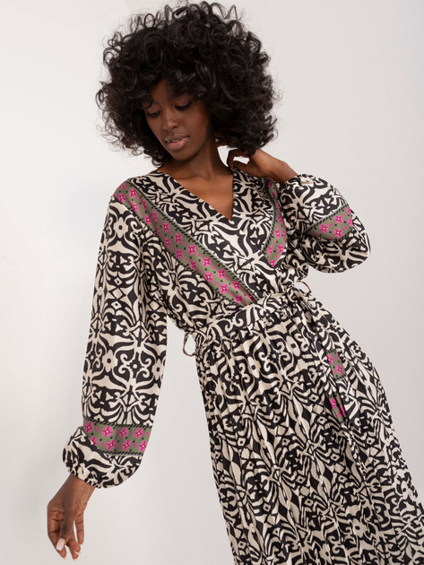 Hurt Czarno-beżowa wzorzysta sukienka z paskiem