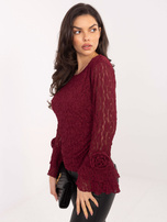 Burgundowa koronkowa bluzka z rękawem typu dzwon